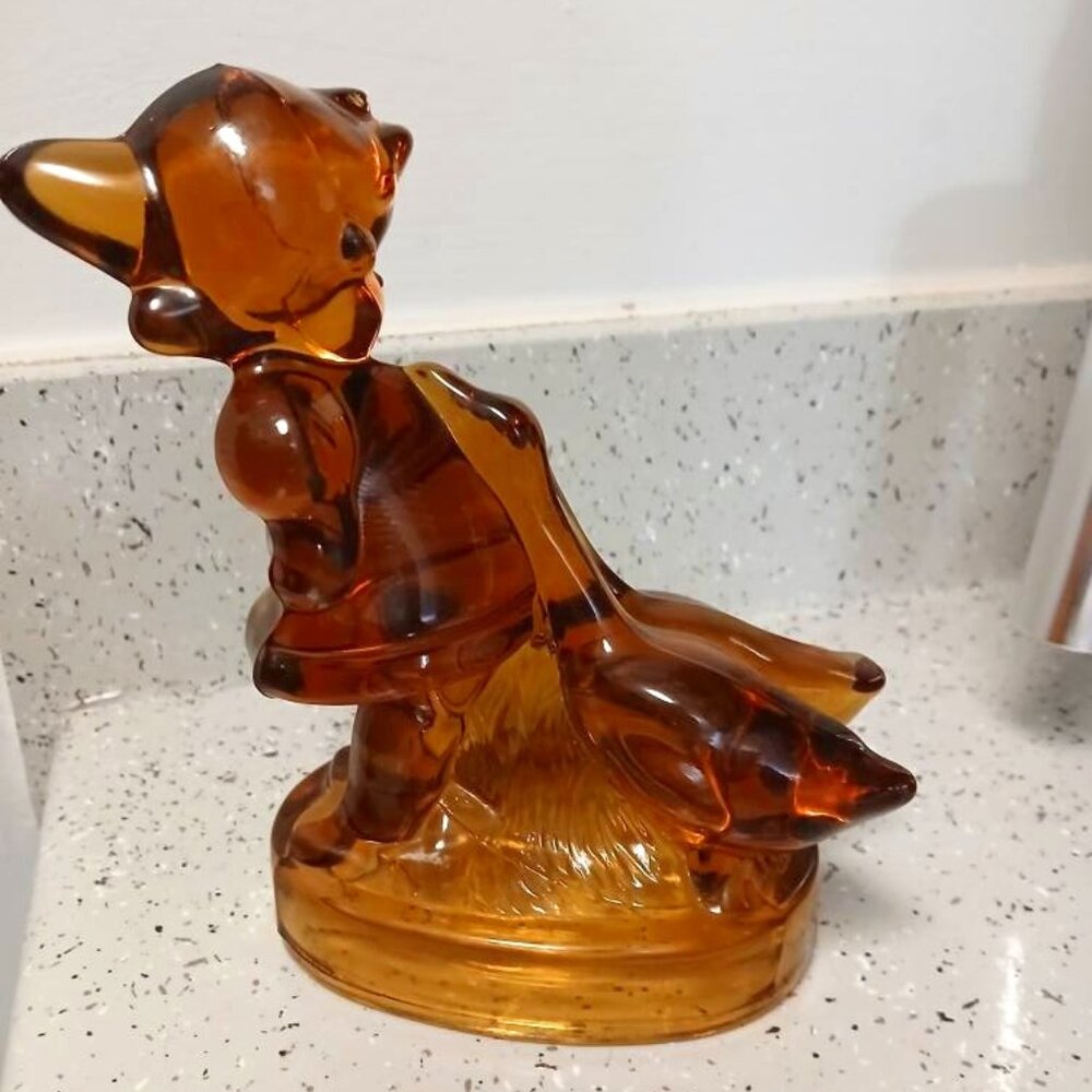 Vintage LE Smith Amber Glass Girl with Geese Figurine 7 1/2" & 5 3/4 Blown Glass